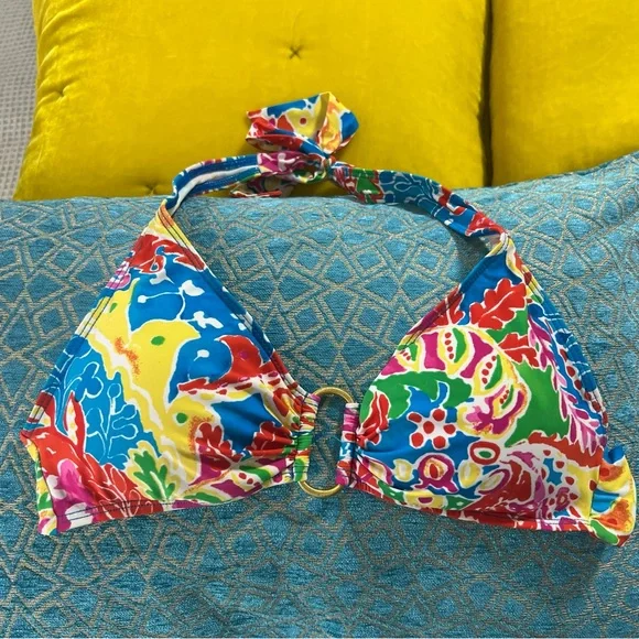 Ralph Lauren Bikini Swimsuit Halter Top Gold Loop Paisley bright color - Picture 2 of 9